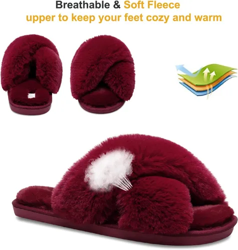 Vista 3 de JIASUQI - Pantuflas cruzadas mullidas y peludas con punta abierta para mujer, con acolchado de espuma viscoelástica