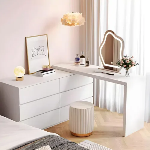 Vista 5 de LAKIQ Moderno juego de escritorio de maquillaje blanco con taburete de espejo, tocador ajustable de madera fabricada con 6 cajones de almacenamiento