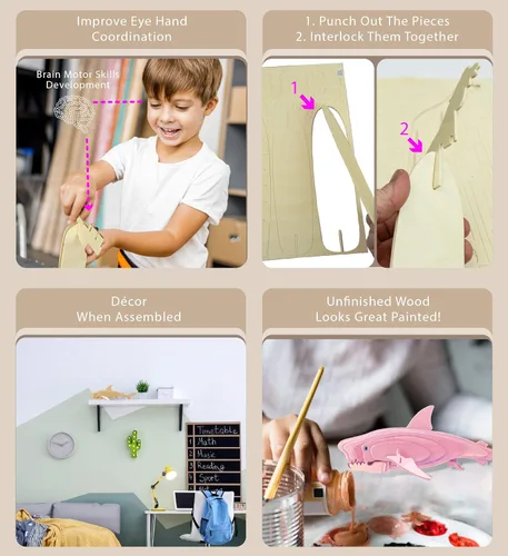 Vista 3 de Puzzled Rompecabezas 3D, gran tiburón blanco, kit de modelo de construcción de madera para manualidades, juguete educativo de madera de la vida
