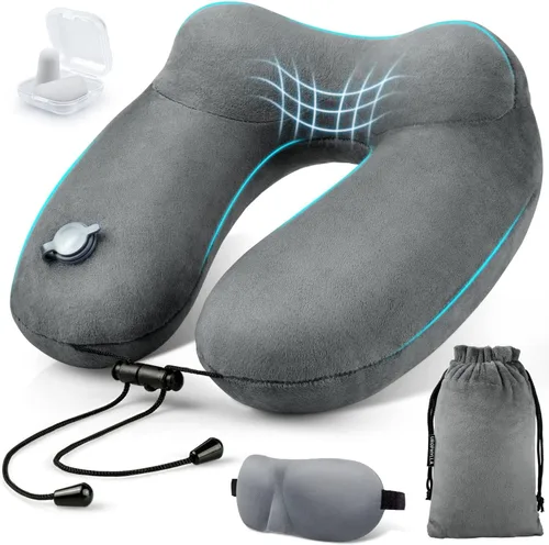 Vista 8 de Almohada inflable para el cuello de viaje para aviones, soporte de cuello de terciopelo súper suave, firmeza ajustable, almohada inflable
