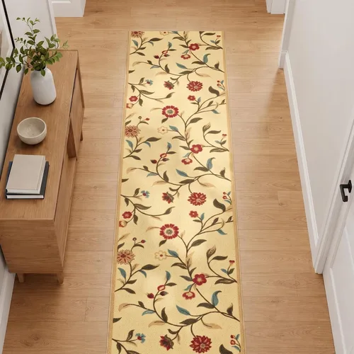 Vista 21 de Ottomanson, colección OttoHome, tapete para corredor con diseño azul claro y damasco (antiderrapante), parte trasera de goma Floral Beige