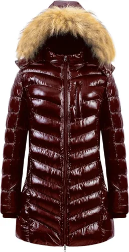 Vista 24 de CREATMO US Abrigo de invierno con capucha para mujer, impermeable, cálido, largo acolchado, parka Azul (Acid Blue)