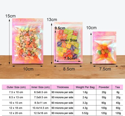 Vista 3 de Bolsa de embalaje resellable holográfica rosa transparente con cremallera para almacenamiento de alimentos, brillo de labios, pestañas, joyas