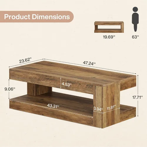 Vista 2 de Tribesigns Mesa de Centro para Sala de Estar, 47.24 Pulgadas Estilo Granja de 2 Niveles Mesa de Centro de Té y Cóctel con Almacenamiento, Marrón