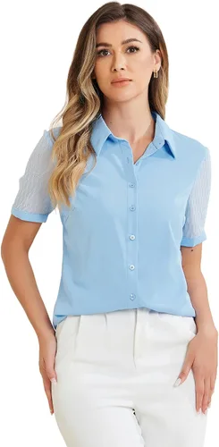 Vista 9 de Allegra K Camisa de trabajo con botones para mujer, manga corta, cuello de punto