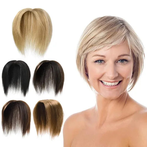 Vista 8 de Toppers de cabello humano con clip, sin costuras, para mujer, base de encaje para cabello picante, 12 pulgadas, rubio decolorado