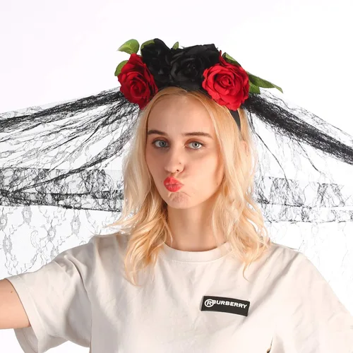 Vista 8 de WIOR Diadema del Día de los Muertos con velo y flores de rosa, diadema mexicana para fiesta de disfraces de Halloween (rojo y negro)