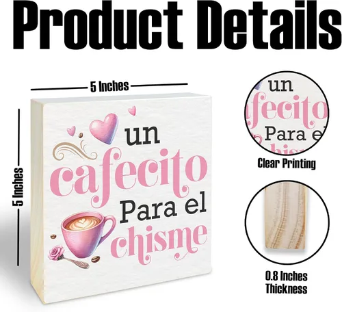 Vista 2 de Un Cafecito Para el Chisme – Cartel de madera de barra de café de 5 pulgadas – Cartel de madera rústica rosa – Decoración de mesa de granja