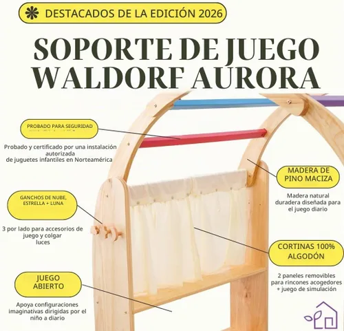 Vista 8 de Aurora Playstand 2026 Edition, cortinas, clips y ganchos incluidos Waldorf Imaginative Playarch Kids Playhouse, interior, tienda de campaña
