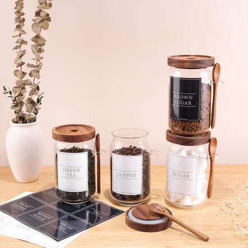 Vista 7 de KOSKIMER Juego de recipientes para café y azúcar, frascos de café de vidrio con tapas de madera y cucharas, recipientes decorativos para azúcar, té