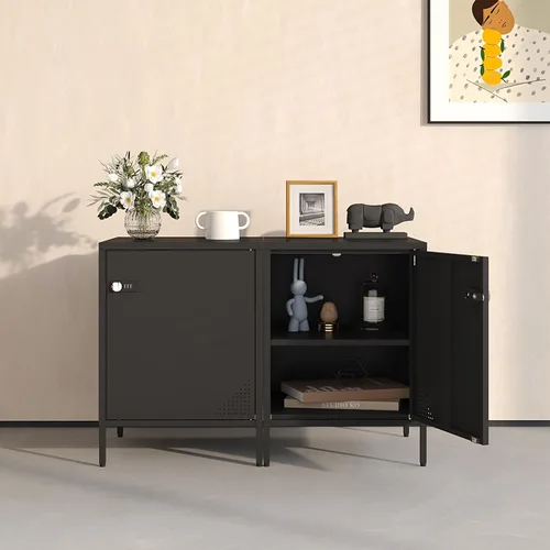 Vista 5 de Steehoom Mesita de noche con cerradura y estante ajustable, armario con cerradura para dormitorio, mesita de noche de metal con cerradura