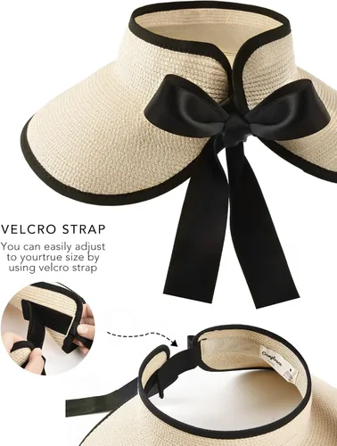Vista 6 de Camptrace UPF 50+ Sun Visors for Women Wide Brim Beach Hat Foldable Straw Visor Hat Ponytail Summer Packable