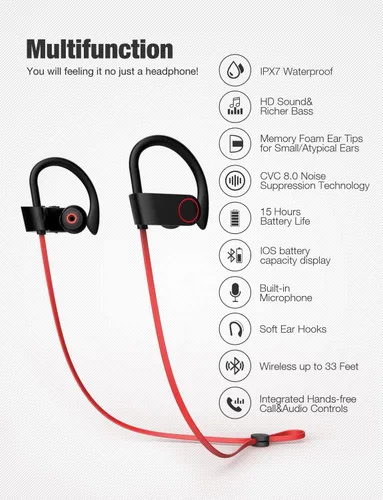 Vista 2 de Auriculares Otium con Bluetooth, auriculares inalámbricos IPX7 impermeables para deportes con micrófono, estéreo HD, resistentes al sudor, para uso
