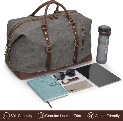 Vista 9 de S-ZONE - Bolsa de viaje de lona sobredimensionada con adornos de cuero genuino, bolsa deportiva de hombro de fin de semana, bolso de fin de semana