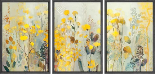 Vista 78 de SIGNWIN Lienzo enmarcado para pared, juego de arte de campos pastorales, flores silvestres, campo rústico, paisaje, floral, ilustraciones modernas