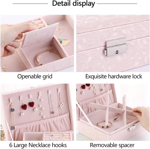 Vista 2 de YLOMAY Joyero con cerradura, organizador de tesoros, estuche de almacenamiento con pantalla de 2 capas, para aretes, pulseras, anillos, relojes