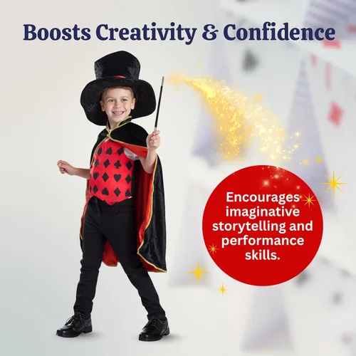 Vista 5 de Dress Up America Disfraz de mago para niños, capa de mago, sombrero y varita, disfraz mágico para niños y niñas