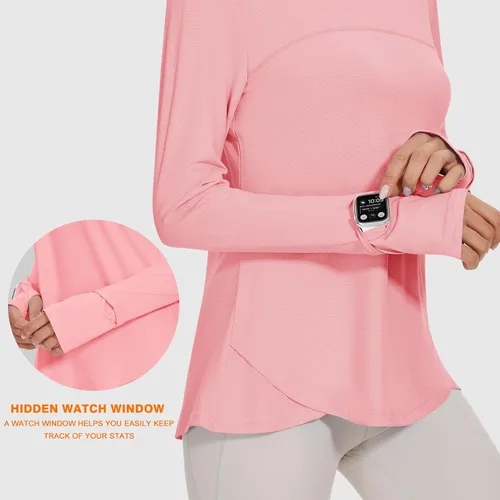 Vista 3 de Blingfit Camisas de entrenamiento para mujer, camisetas atléticas de manga larga UPF 50+, camisetas de protección solar con agujero para el pulgar