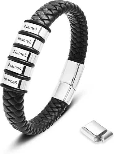 Vista 17 de Pulsera personalizada para hombre con cuentas de nombre personalizadas, pulsera de cuero trenzado personalizada grabada con 2-6 nombres