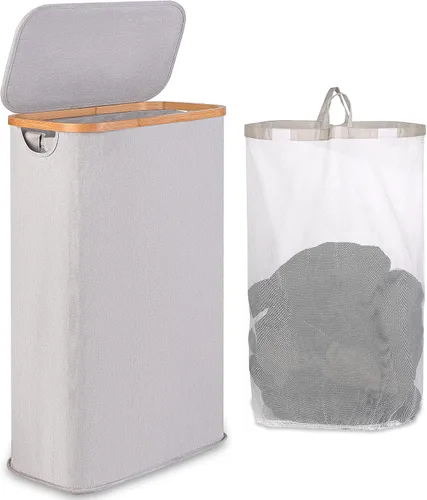 Vista 19 de iEGrow - Cesta de lavandería delgada de 65L, cesta de lavandería estrecha con tapa, cesta de ropa plegable con asas de bambú, cesta de lavandería