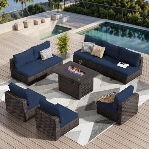 Vista 8 de Juego de muebles de patio al aire libre, 7 piezas, sofá seccional de mimbre con cojines y mesa de té, sofá de conversación de ratán para patio Beige