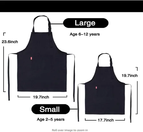 Vista 4 de Juego de delantal y gorro de chef para niños, delantal ajustable con babero para niños con 2 bolsillos. Lindo delantal de cocina para niños y niñas