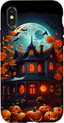 Vista 5 de iPhone 16 Halloween Spooky Haunted House Bats & Carved Pumpkins Case