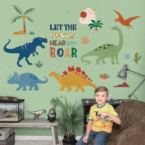 Vista 2 de decalmile Calcomanías de Pared de Dinosaurio Boho Pegatinas de Pared de Dinosaurio y Palmera Guardería de Bebé Dormitorio de Niños Sala
