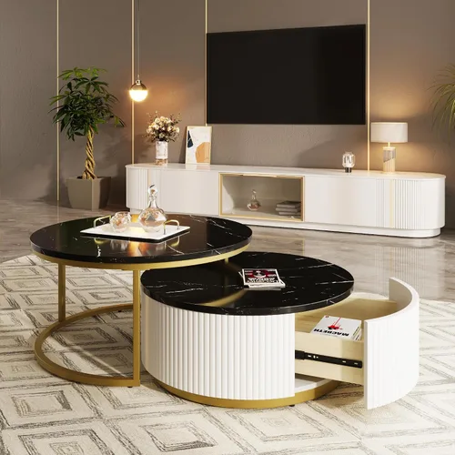 Vista 23 de Mesa de café redonda, mesa de café moderna de 31.5" con 2 cajones grandes de almacenamiento, tapa de mesa con patrón de mármol, mesa central