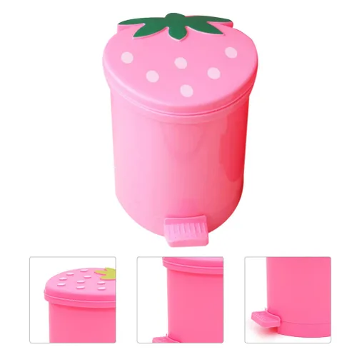 Vista 3 de NUOBESTY Mini papelera de escritorio con tapa, pequeño cubo de basura de plástico para encimera, color rosa