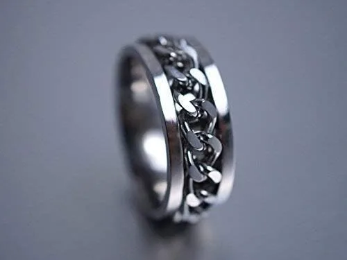 Vista 3 de Spinner Ring Men, Silver Braided Band for Wedding,Custom Engraved Stainless Steel, Inlay Chain, Gift for Him