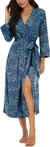 Vista 41 de VINTATRE Bata tipo kimono para mujer, bata larga de punto, ligera, suave, ropa de dormir con cuello en V, casual, ropa de descanso para mujer Verde
