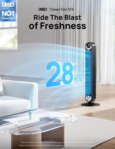 Vista 2 de Dreo - Ventilador de torre para dormitorio, DC actualizado de 9 velocidades 25dB ultrasilencioso, ventilador de piso, ventiladores oscilantes de 90°