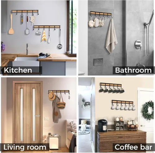 Vista 5 de Colgador de utensilios de cocina, organizador de estante con 6 ganchos, juego de 2 colgadores de pared para utensilios, gancho de pared resistente