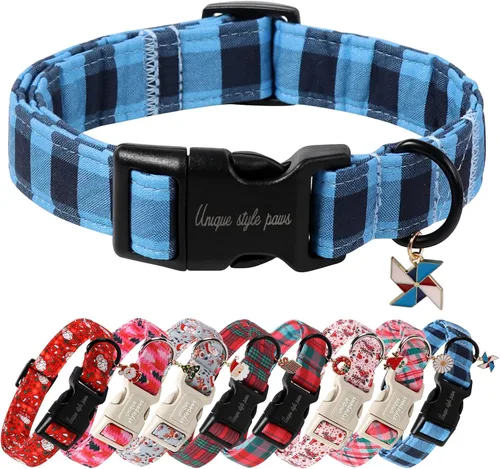 Vista 10 de Collar de perro de Navidad de Unique Style Paws con hebilla de plástico y colgante, a cuadros rojo y negro, collares de algodón para cachorros