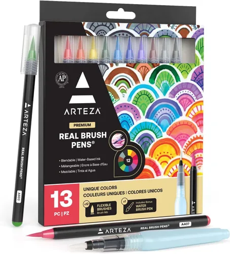 Vista 7 de ARTEZA Bolígrafos de pincel real, juego de 12, tonos brillantes, marcadores de acuarela mezclables y 1 cepillo de agua, suministros de arte