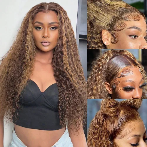 Vista 13 de Pelucas con malla frontal de onda profunda 13x4, cabello humano pre-sacado, 180% de densidad, 9A, sin pegamento, pelucas de cabello humano mojadas