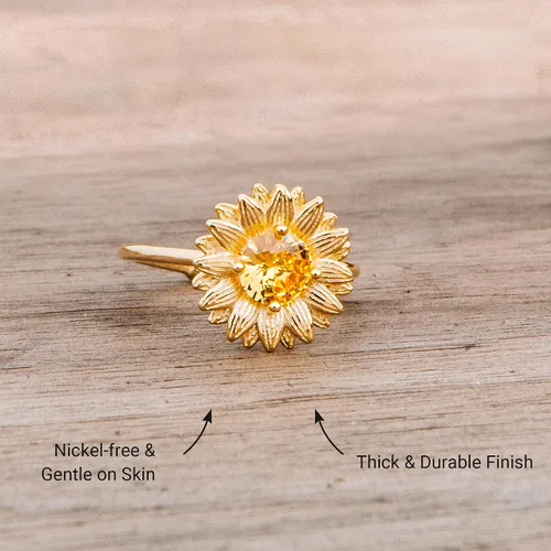 Vista 3 de STORYJEWELLERY Anillo de girasol, anillos chapados en oro de 18 quilates para mujer, anillo de flores, anillos de verano, joyería de girasol