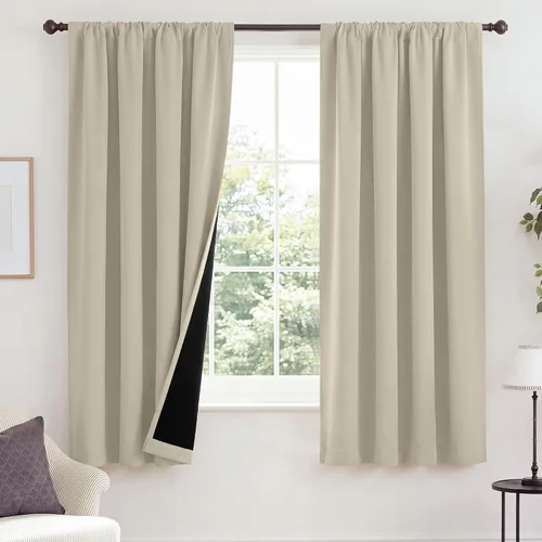 Vista 81 de NICETOWN Biscotti Beige 100% Cortinas opacas de 45" de largo para cocina, bolsillo con varilla para sótano completamente opaco, cortinas térmicas