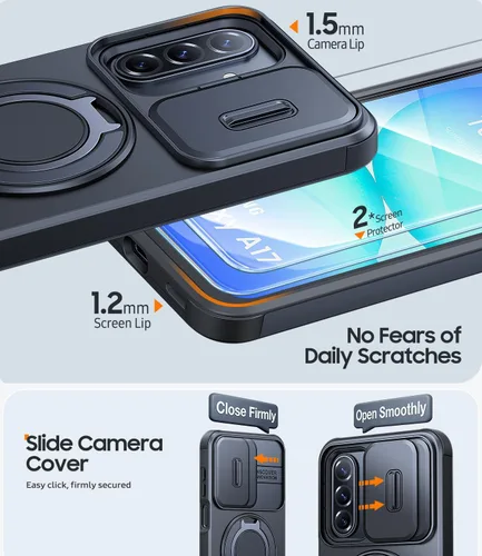 Vista 5 de JAME Funda para Samsung Galaxy A17/A16 5G, soporte de anillo, cubierta de cámara deslizante, 2 protectores de pantalla, protección de doble capa a