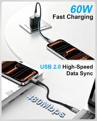 Vista 4 de Short USB C to USB C Cable 1FT, 2 Pack 60W Fast Charging Cord Braided 1FT USB C to USB C Short Cable, for iPhone 17/16/15 Pro Max, Samsung Galaxy