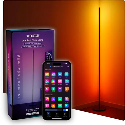 Vista 9 de Lámpara de pie Aura RGBICW, iluminación ambiental LED de esquina con control por aplicación y voz con sincronización de música, 1000 lúmenes, 4 mil