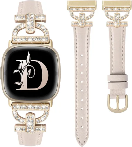 Vista 9 de Minyee Correas de cuero compatibles con Fitbit Versa 4/Versa 3/Sense 2/Sense Band para mujer, correa de cuero delgada elegante con diamantes