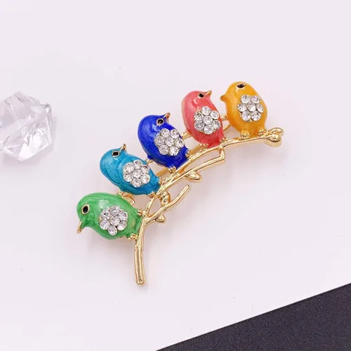 Vista 2 de Broche multicolor lindo pájaro cristal tono dorado