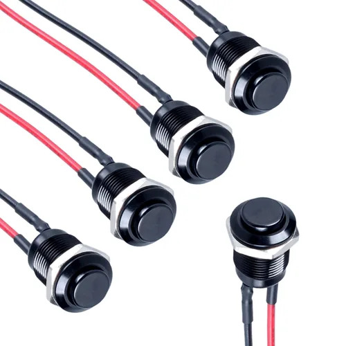 Vista 9 de 5 piezas 12 mm Interruptor de botón de cierre con cabeza elevada ON-Off normalmente abierto con cable presoldado, carcasa de aleación de aluminio