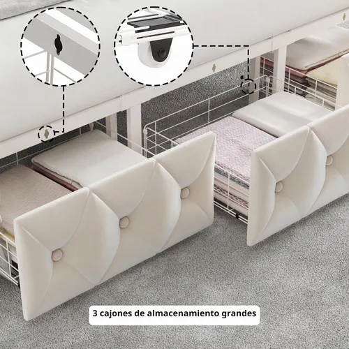 Vista 6 de Keyluv - Marco de cama con dosel tapizado tamaño King con 3 cajones y cabecera tapizada con botones, cama de plataforma metálica con 4 postes Beige
