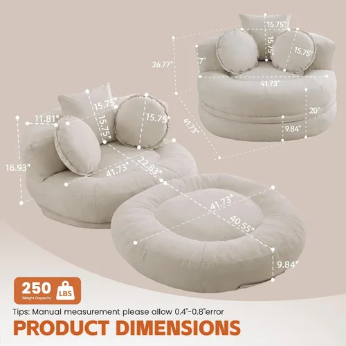Vista 2 de Boneless Convertible Round Floor Sofa Chair with Expandable Seat, Beige Oversized Lounge Seating, High-density Foam Comfort, Reading Chair, No