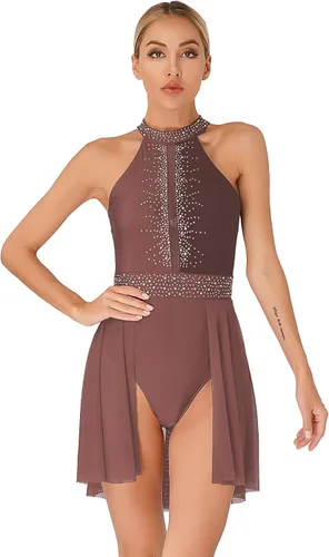 Vista 3 de Disfraz de danza lírica para mujer, cuello halter, falda fluida, leotardo de ballet, ropa de baile moderna y contemporánea