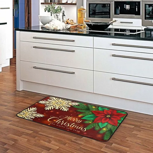Vista 6 de Alfombras de cocina de Navidad, diseño de flor de pascua roja, antideslizantes, suaves, antifatiga, tapete de baño, tapete para decoración
