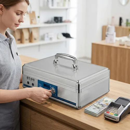 Vista 4 de STOBOK Caja de efectivo portátil con doble bloqueo de aluminio, caja de almacenamiento de dinero de 13.22 x 10.82 x 4.33 pulgadas, bandeja